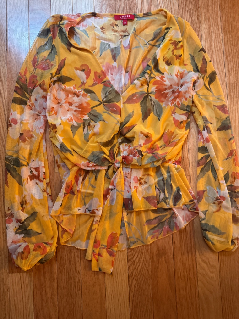 GUESS Yellow Floral Tie-Front Sheer Blouse